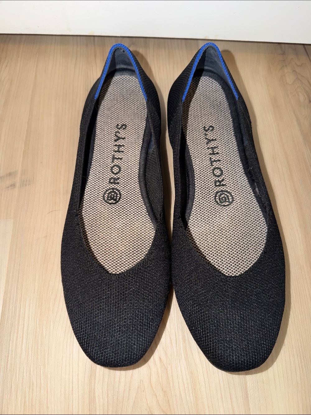 Rothy's Black Knit Pointed-Toe Slip-On Flats with Blue Trim
